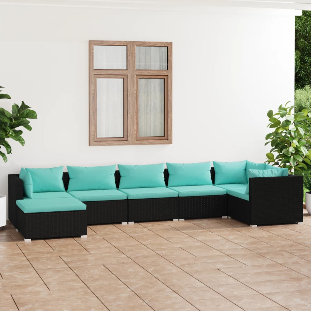 7-delige Loungeset met kussens poly rattan zwart – afbeelding 1