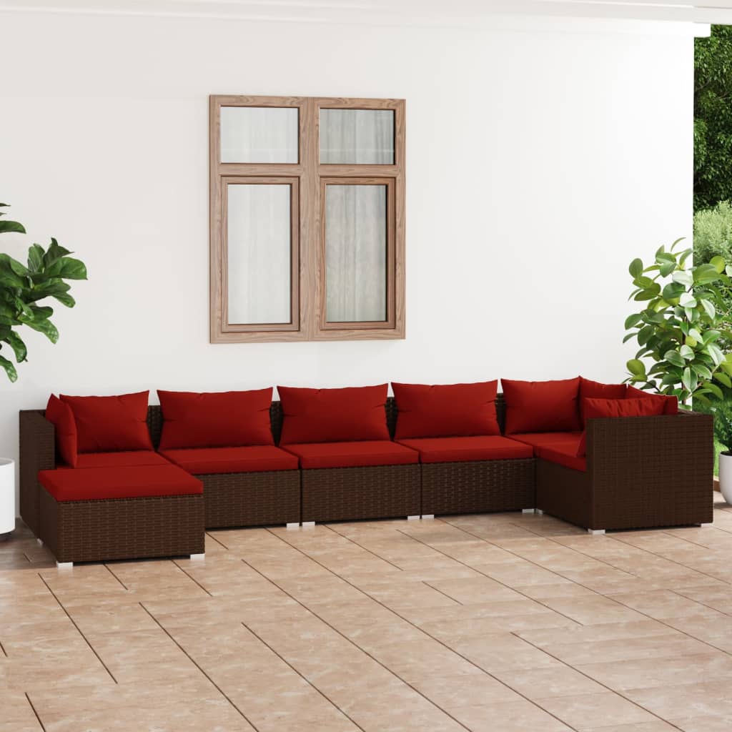 7-delige Loungeset met kussens poly rattan bruin – afbeelding 1