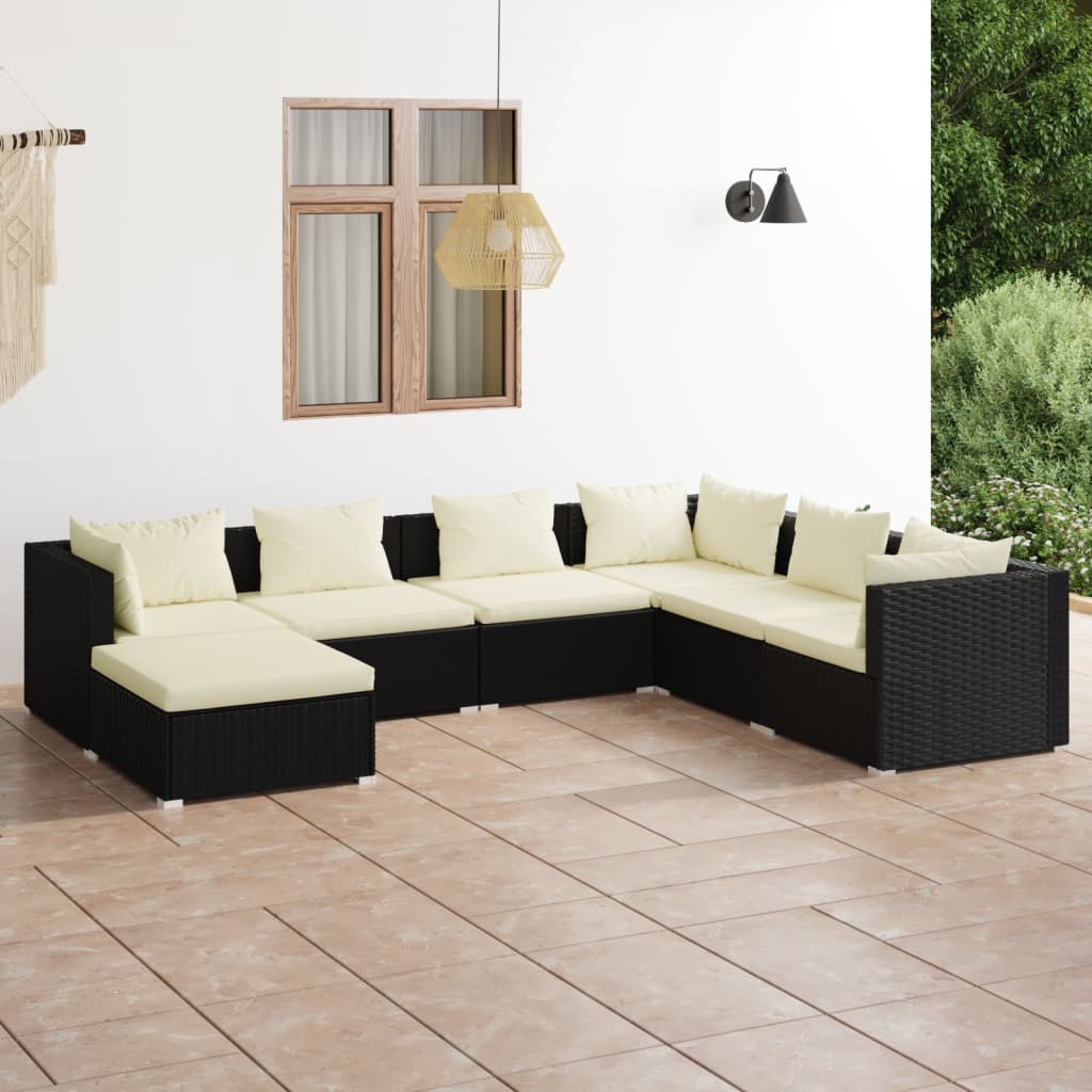 7-delige Loungeset met kussens poly rattan zwart – afbeelding 1