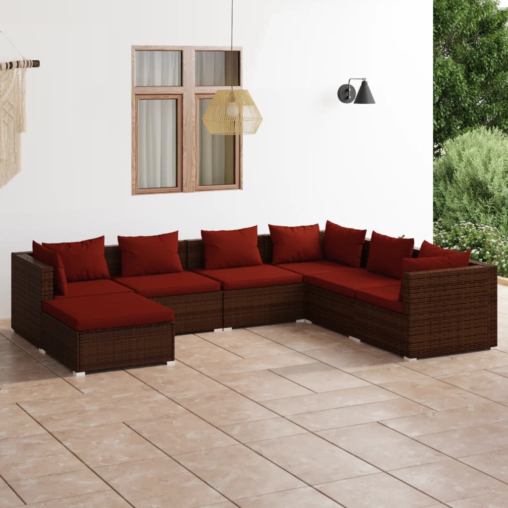 7-delige Loungeset met kussens poly rattan bruin – afbeelding 1