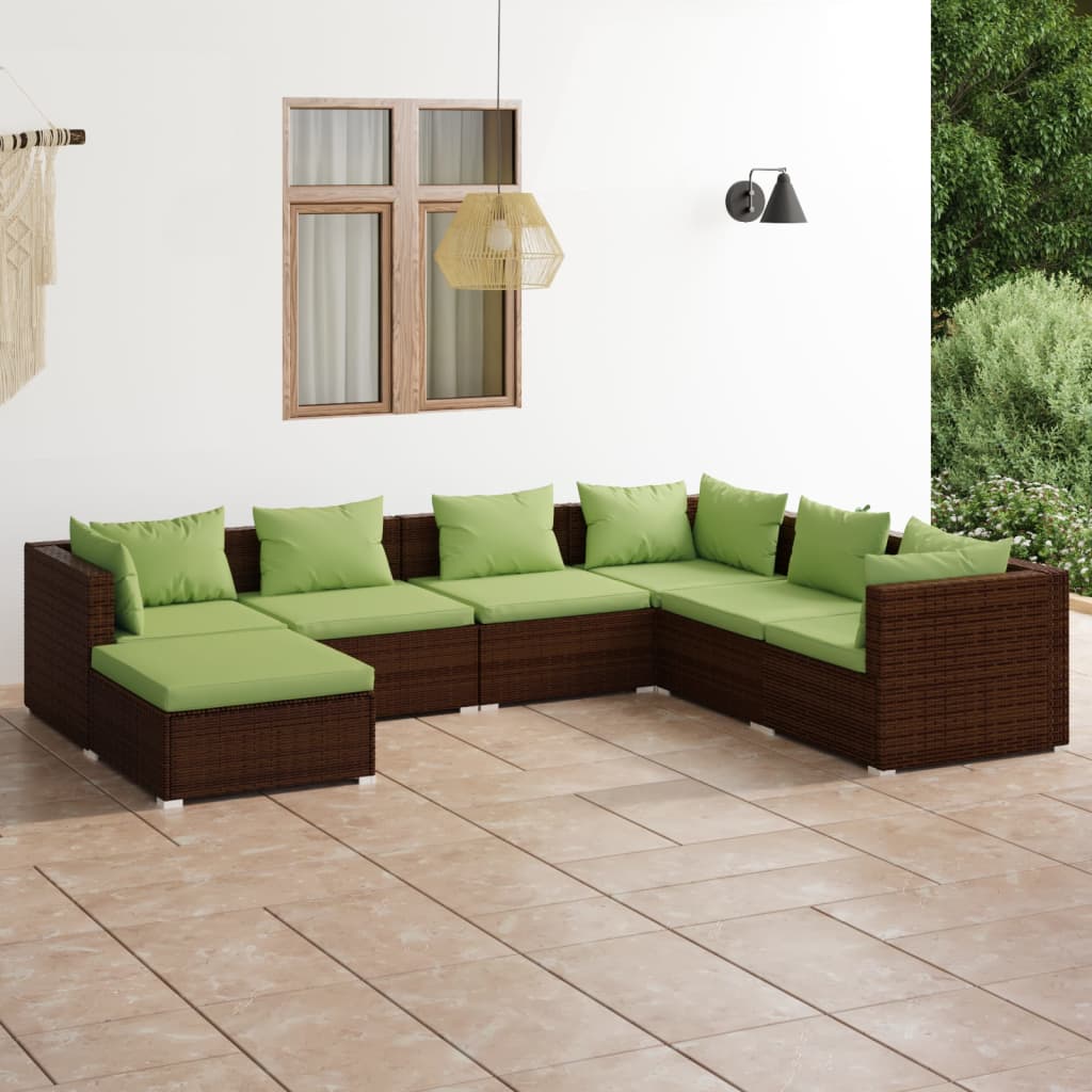 7-delige Loungeset met kussens poly rattan bruin – afbeelding 1