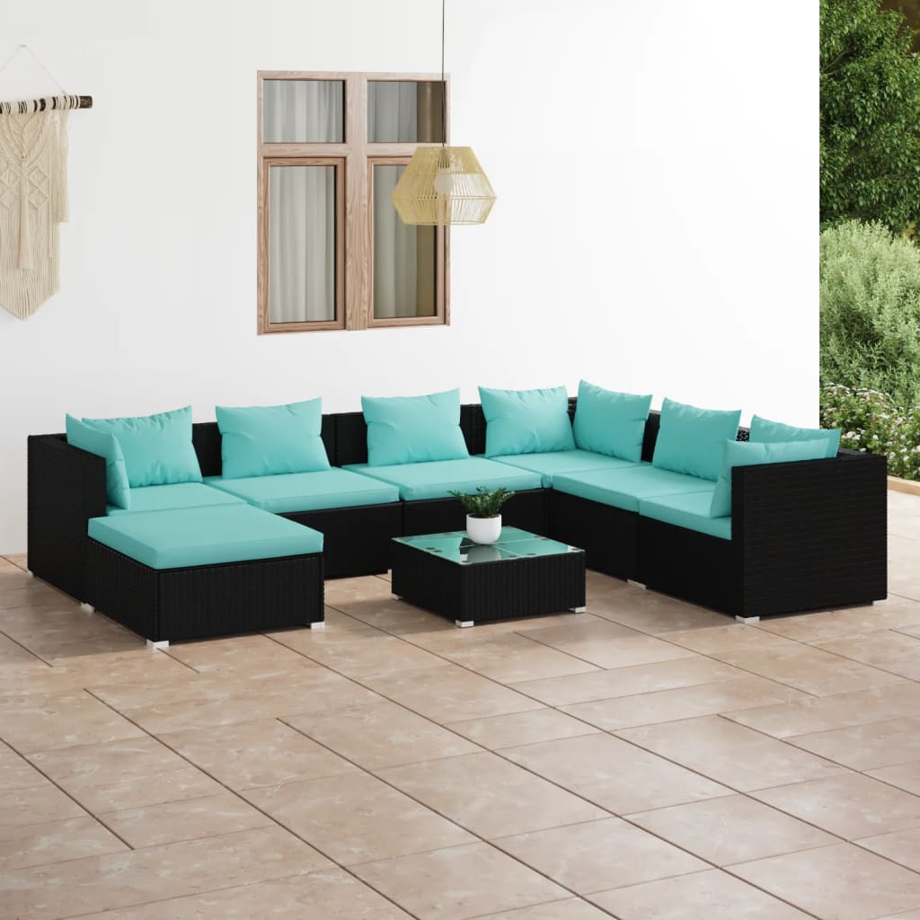 8-delige Loungeset met kussens poly rattan zwart – afbeelding 1