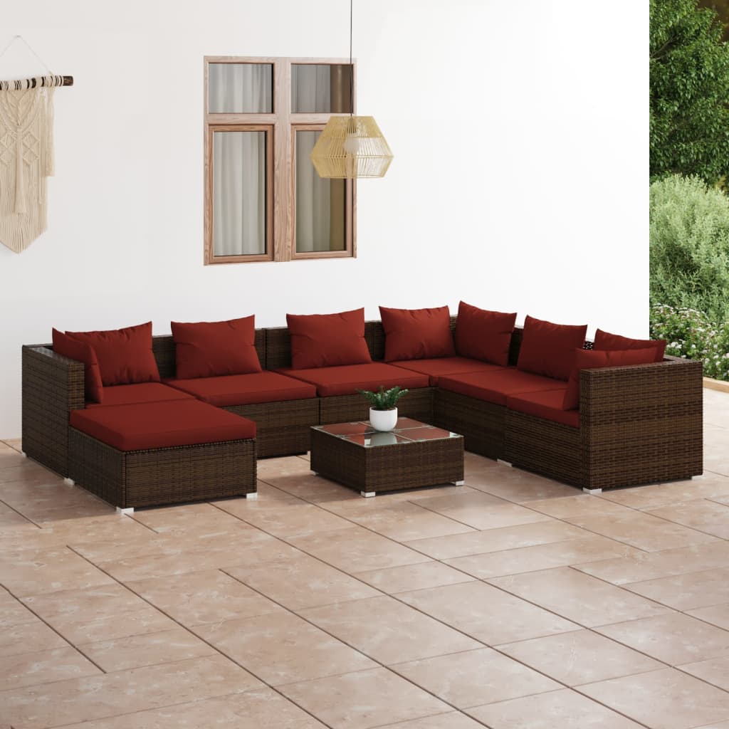 8-delige Loungeset met kussens poly rattan bruin – afbeelding 1