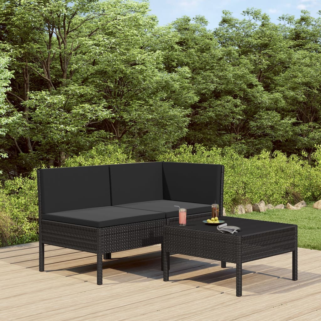 3-delige Loungeset met kussens poly rattan zwart – afbeelding 1