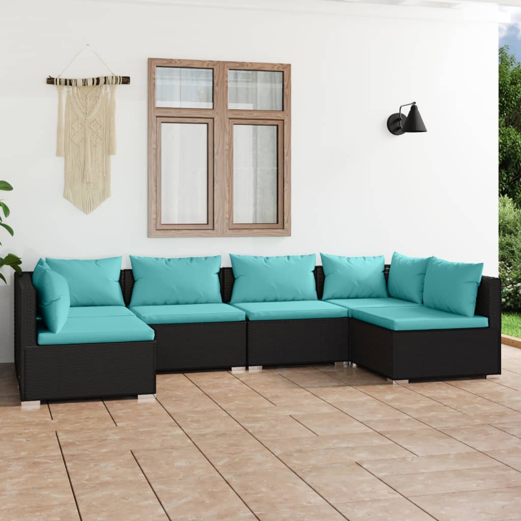6-delige Loungeset met kussens poly rattan zwart