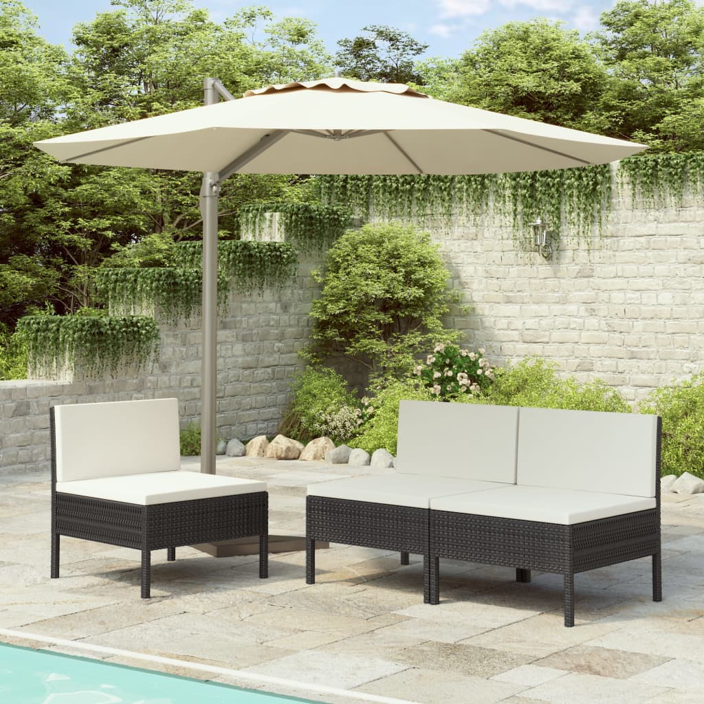 Tuinstoelen 3 st met kussens poly rattan zwart – afbeelding 1