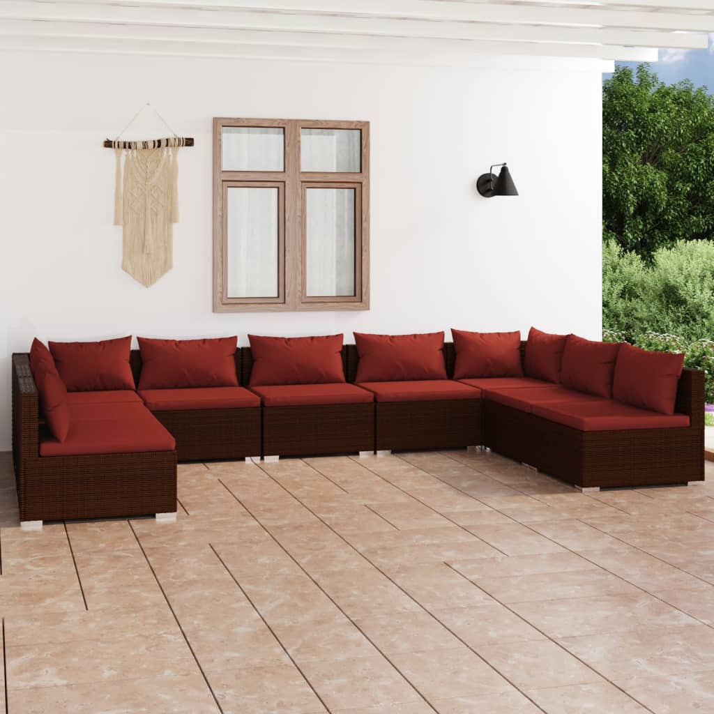9-delige Loungeset met kussens poly rattan bruin – afbeelding 1