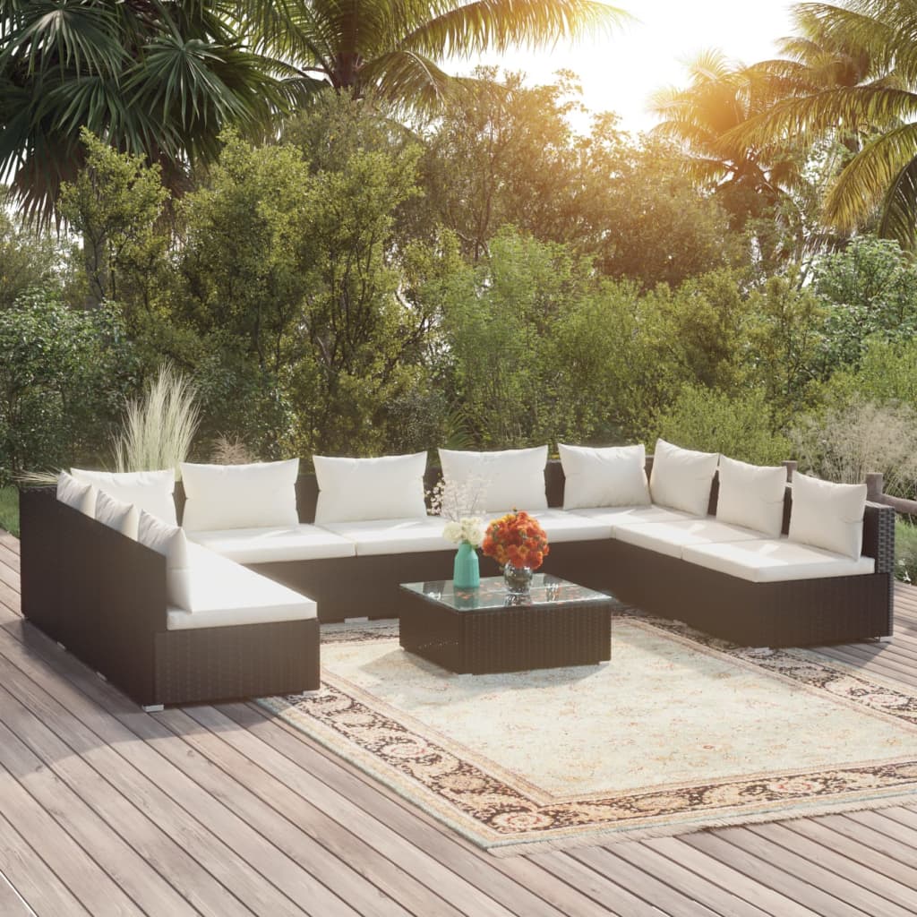 10-delige Loungeset met kussens poly rattan zwart
