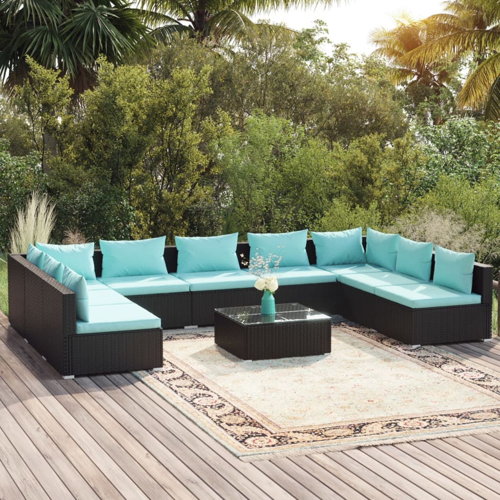 10-delige Loungeset met kussens poly rattan zwart