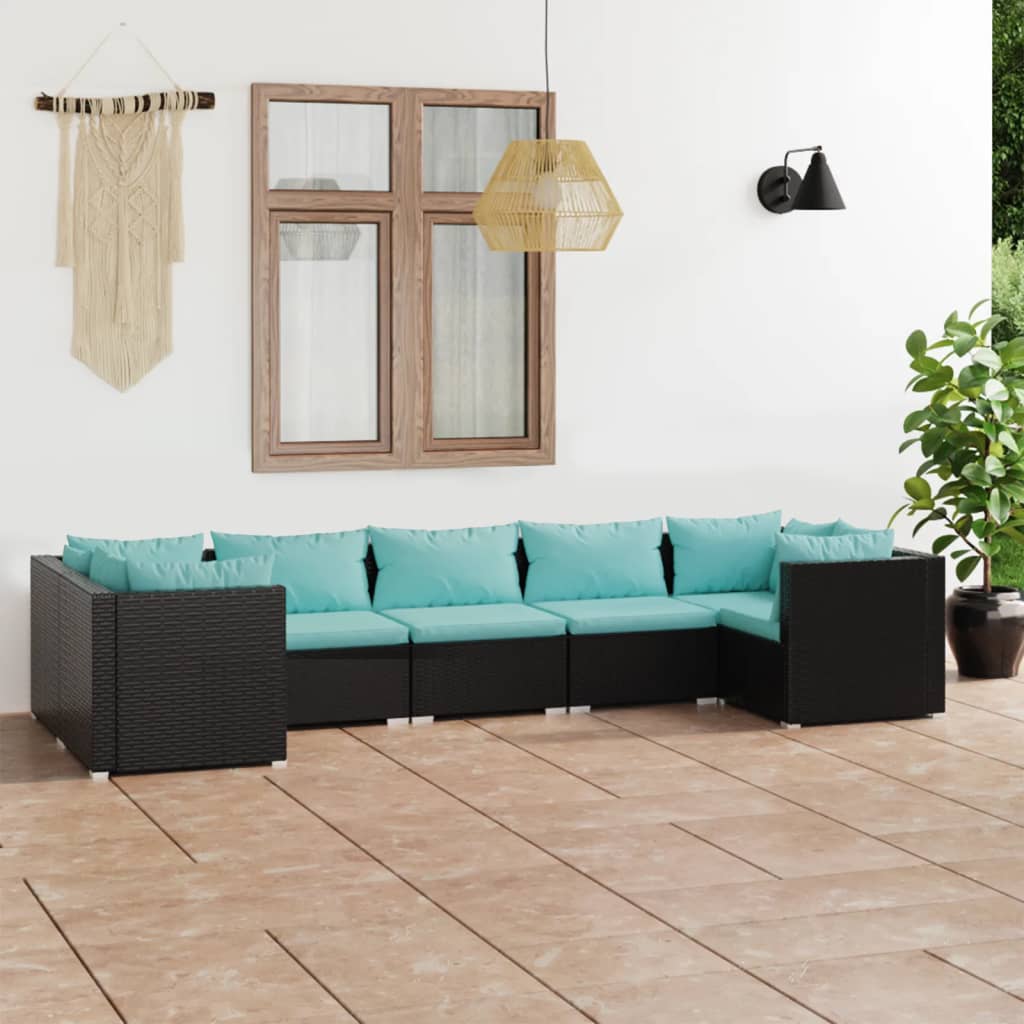 7-delige Loungeset met kussens poly rattan zwart