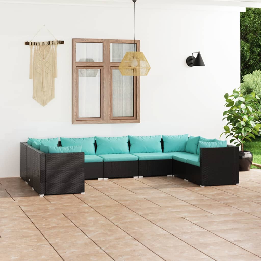 9-delige Loungeset met kussens poly rattan zwart