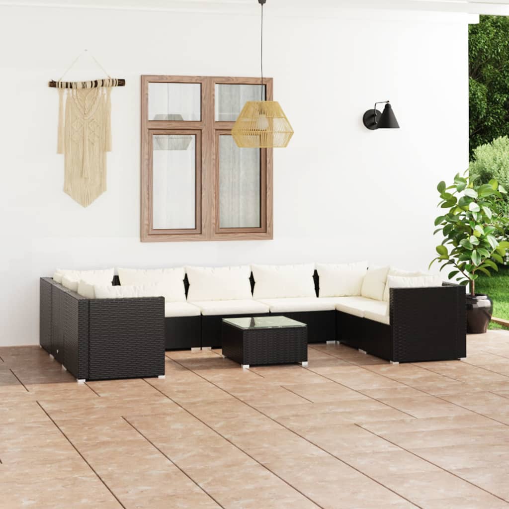 10-delige Loungeset met kussens poly rattan zwart – afbeelding 1
