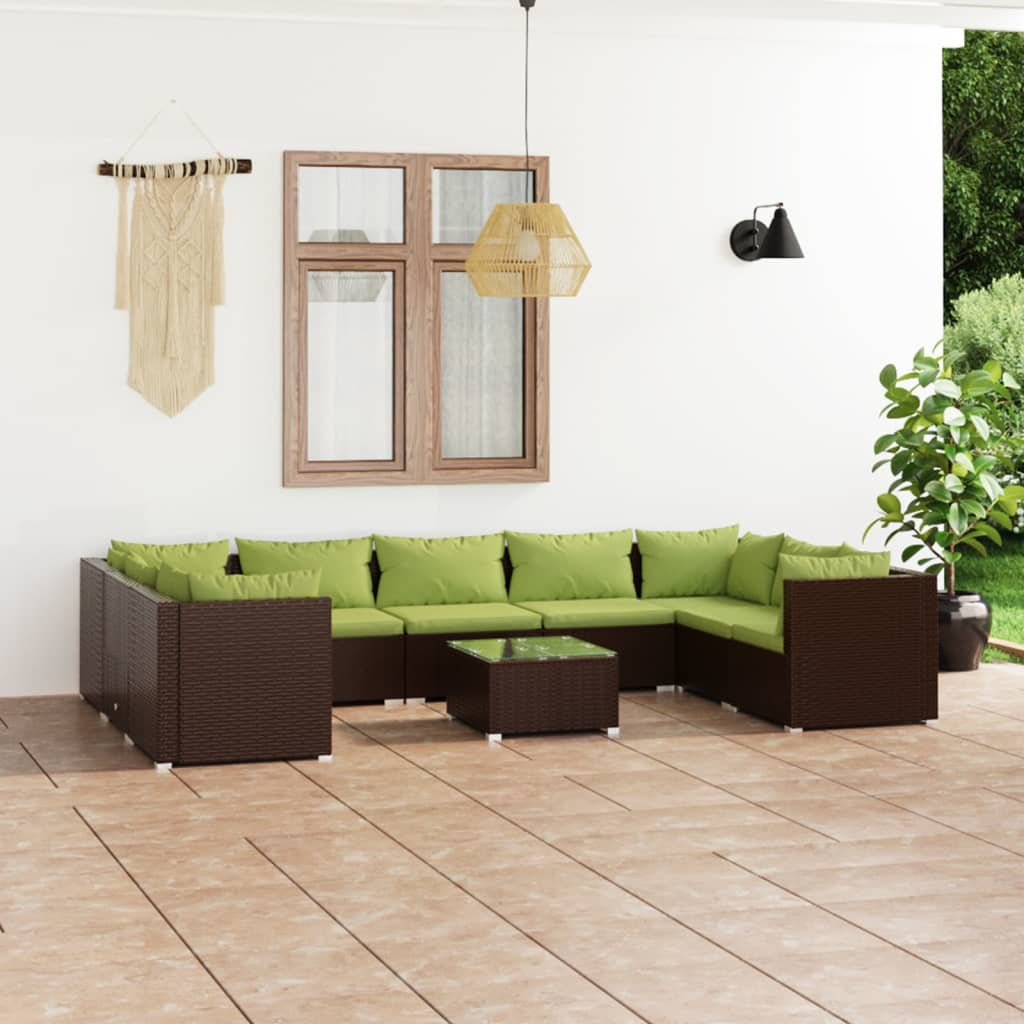 10-delige Loungeset met kussens poly rattan bruin – afbeelding 1