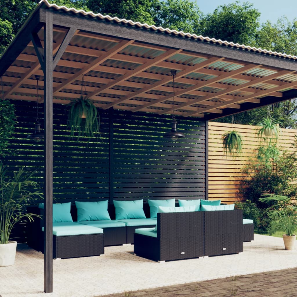 9-delige Loungeset met kussens poly rattan zwart – afbeelding 1