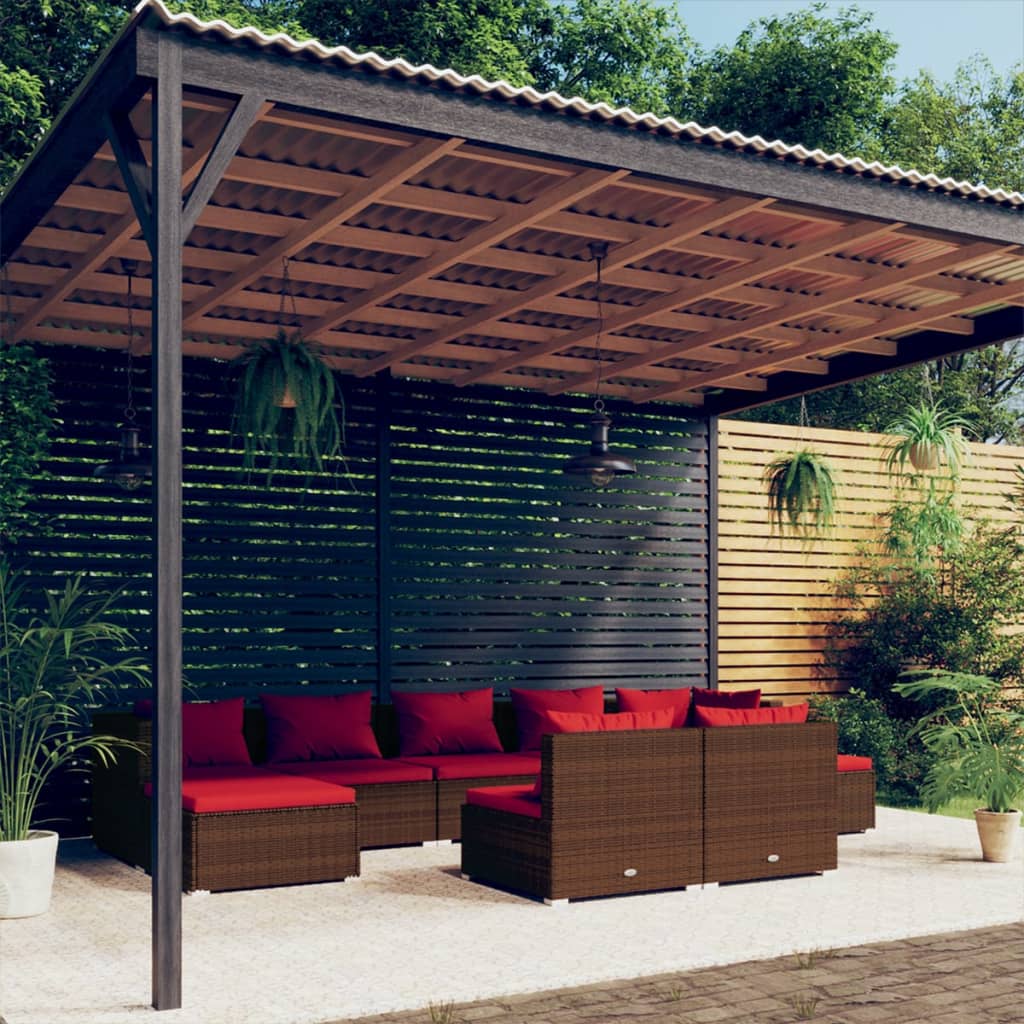 9-delige Loungeset met kussens poly rattan bruin – afbeelding 1
