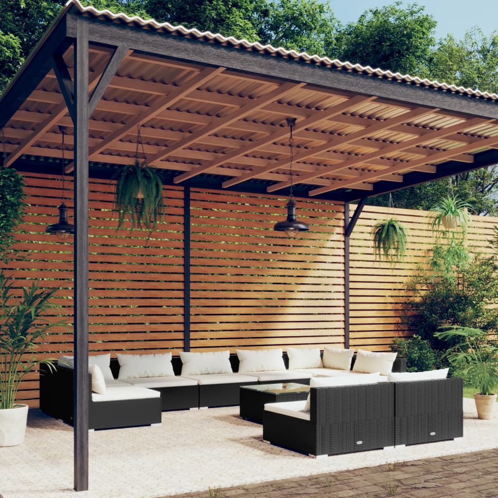 10-delige Loungeset met kussens poly rattan zwart