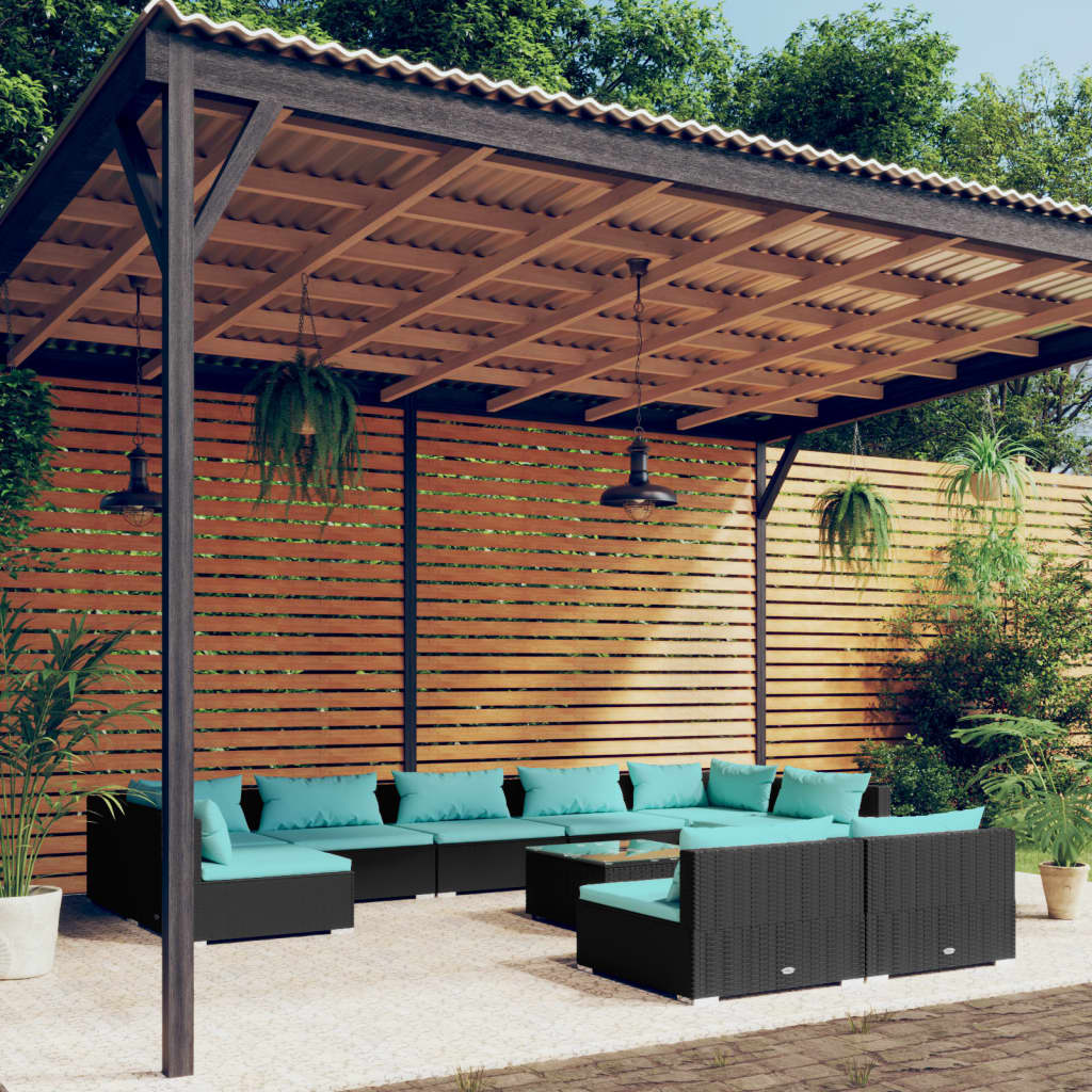 10-delige Loungeset met kussens poly rattan zwart