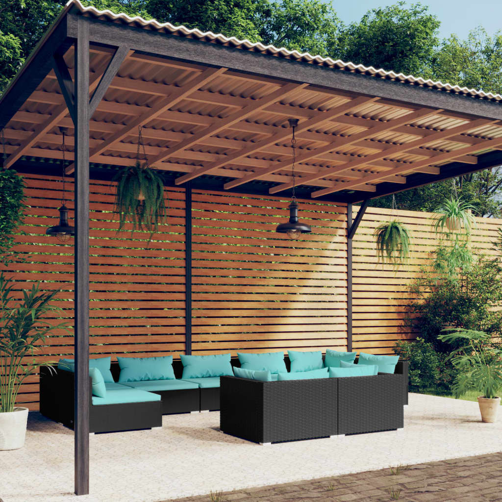 9-delige Loungeset met kussens poly rattan zwart