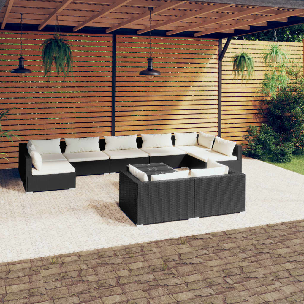10-delige Loungeset met kussens poly rattan zwart – afbeelding 1