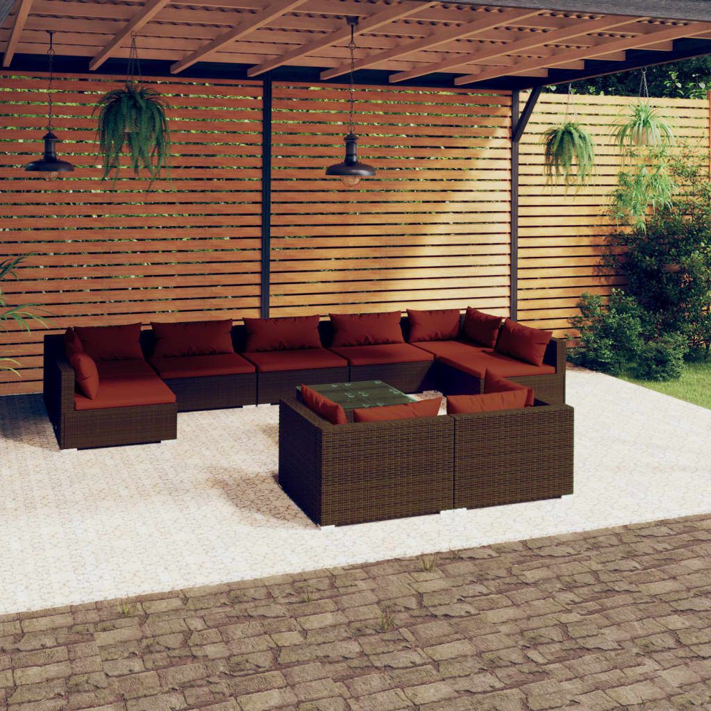 10-delige Loungeset met kussens poly rattan bruin