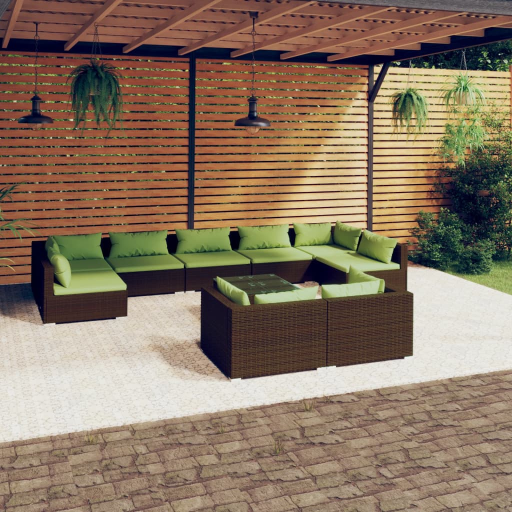 10-delige Loungeset met kussens poly rattan bruin – afbeelding 1