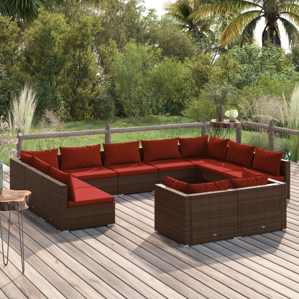 11-delige Loungeset met kussens poly rattan bruin – afbeelding 1