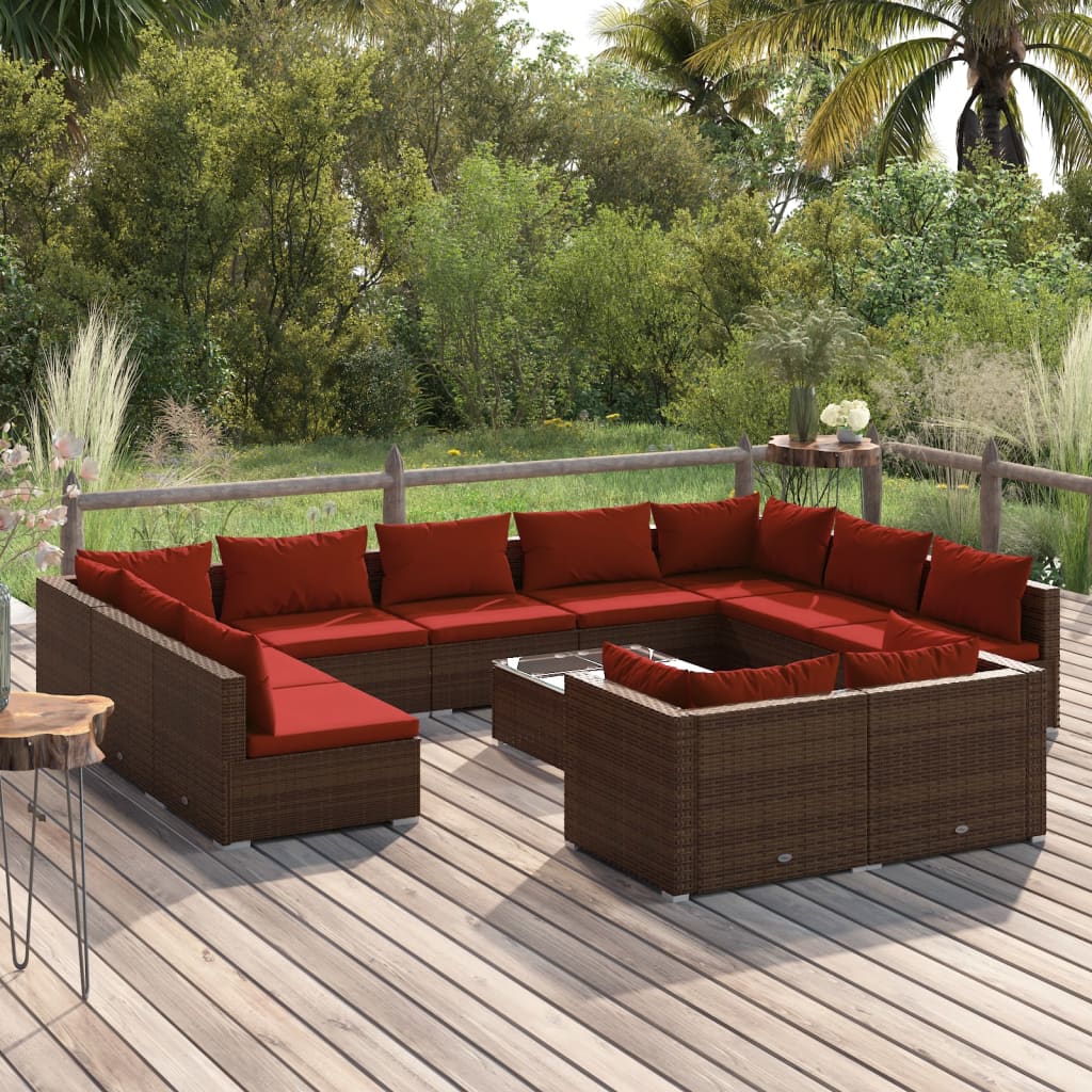 12-delige Loungeset met kussens poly rattan bruin – afbeelding 1
