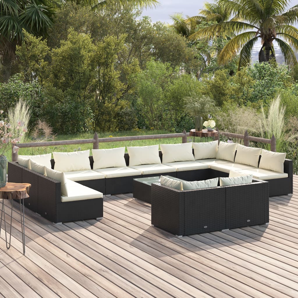 13-delige Loungeset met kussens poly rattan zwart – afbeelding 1