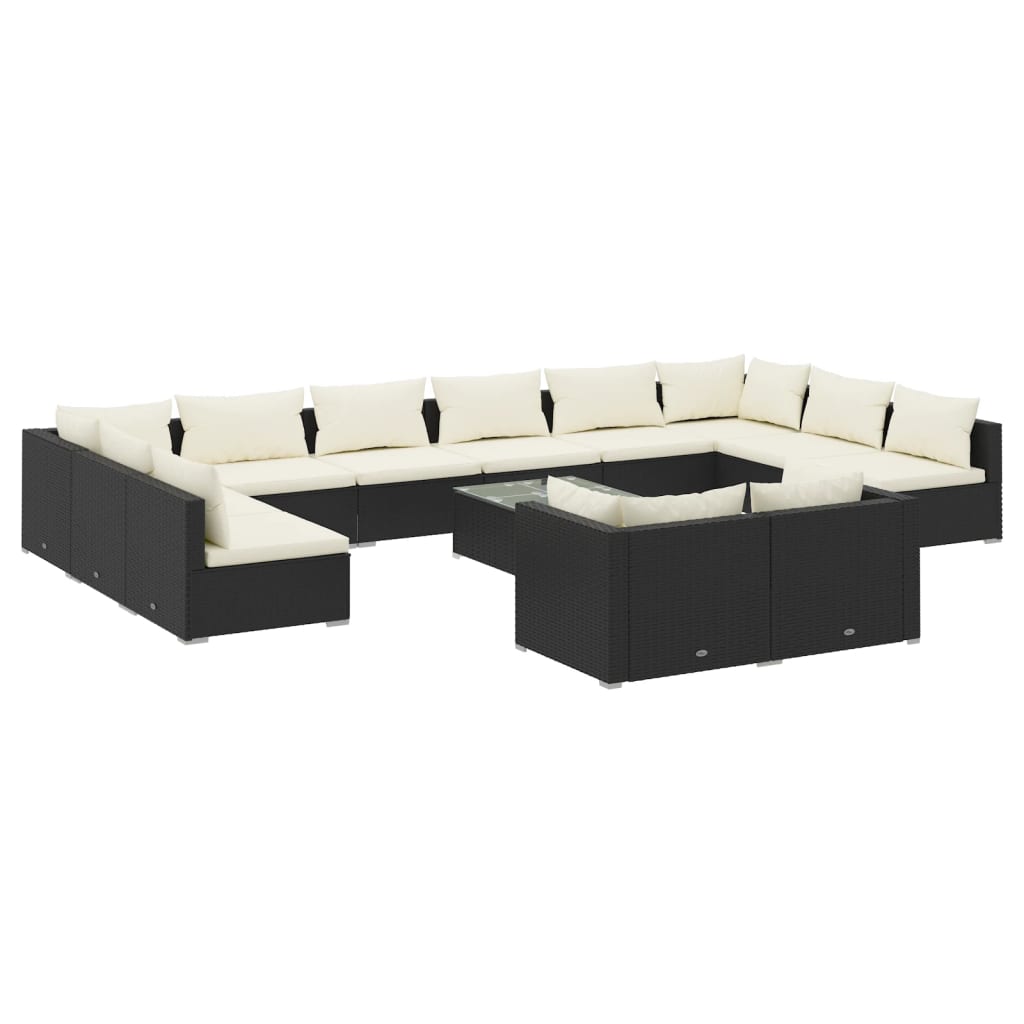13-delige Loungeset met kussens poly rattan zwart – afbeelding 2