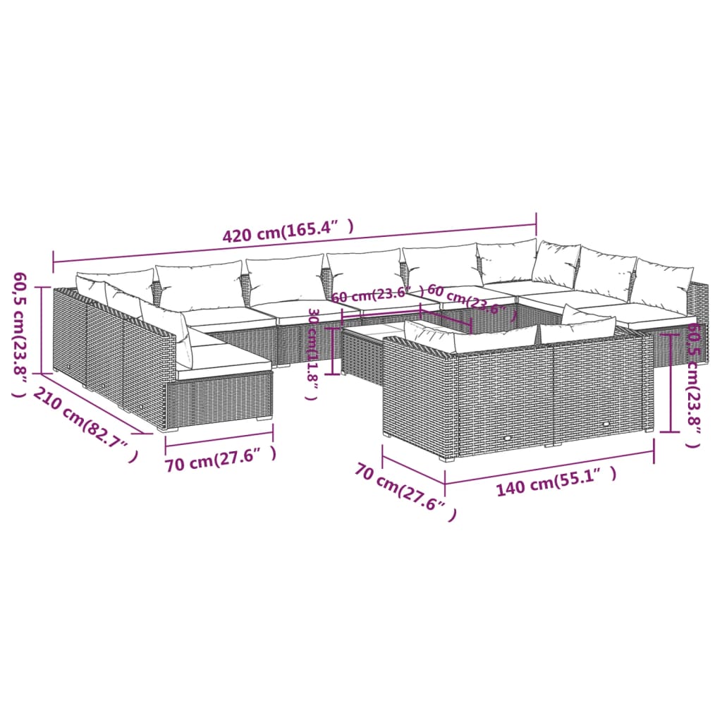 13-delige Loungeset met kussens poly rattan zwart – afbeelding 9