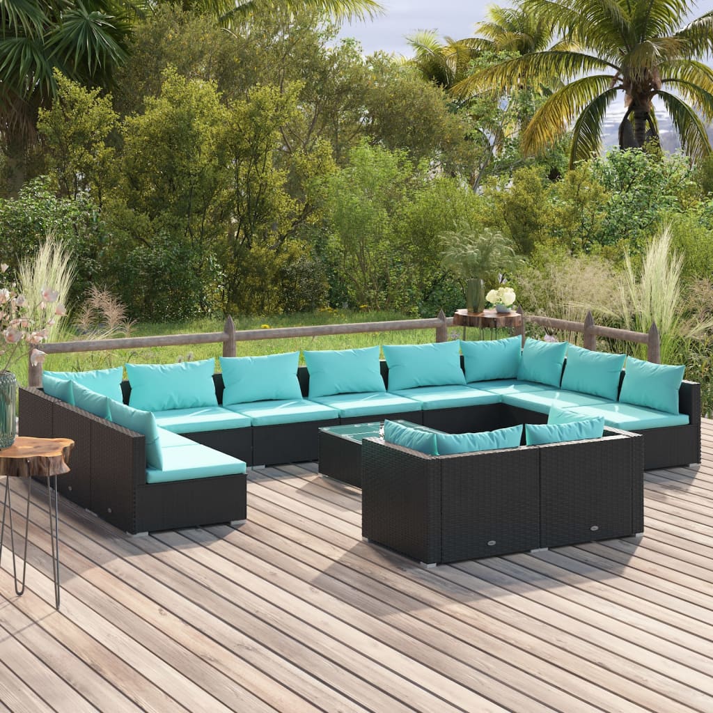 13-delige Loungeset met kussens poly rattan zwart – afbeelding 1