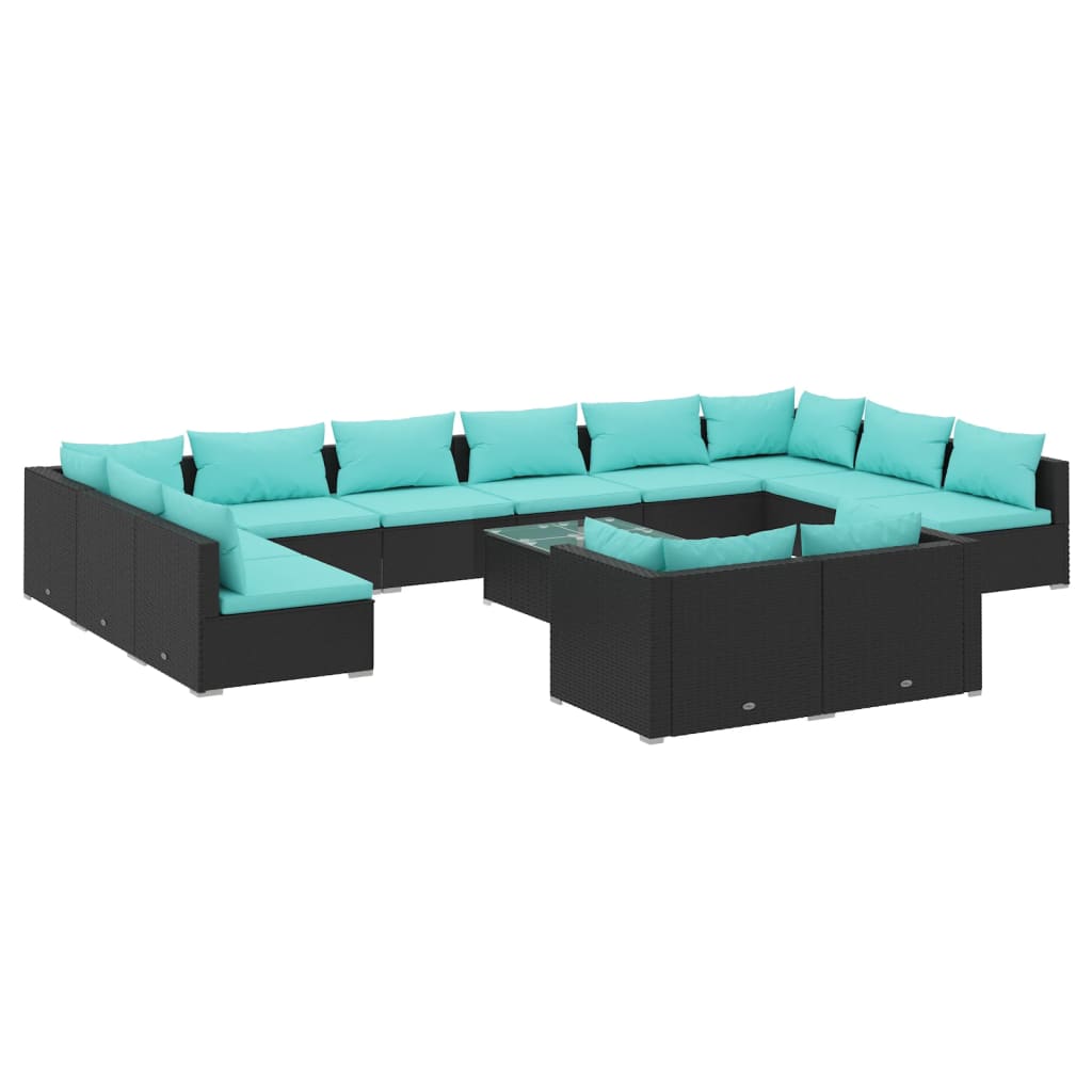 13-delige Loungeset met kussens poly rattan zwart – afbeelding 2