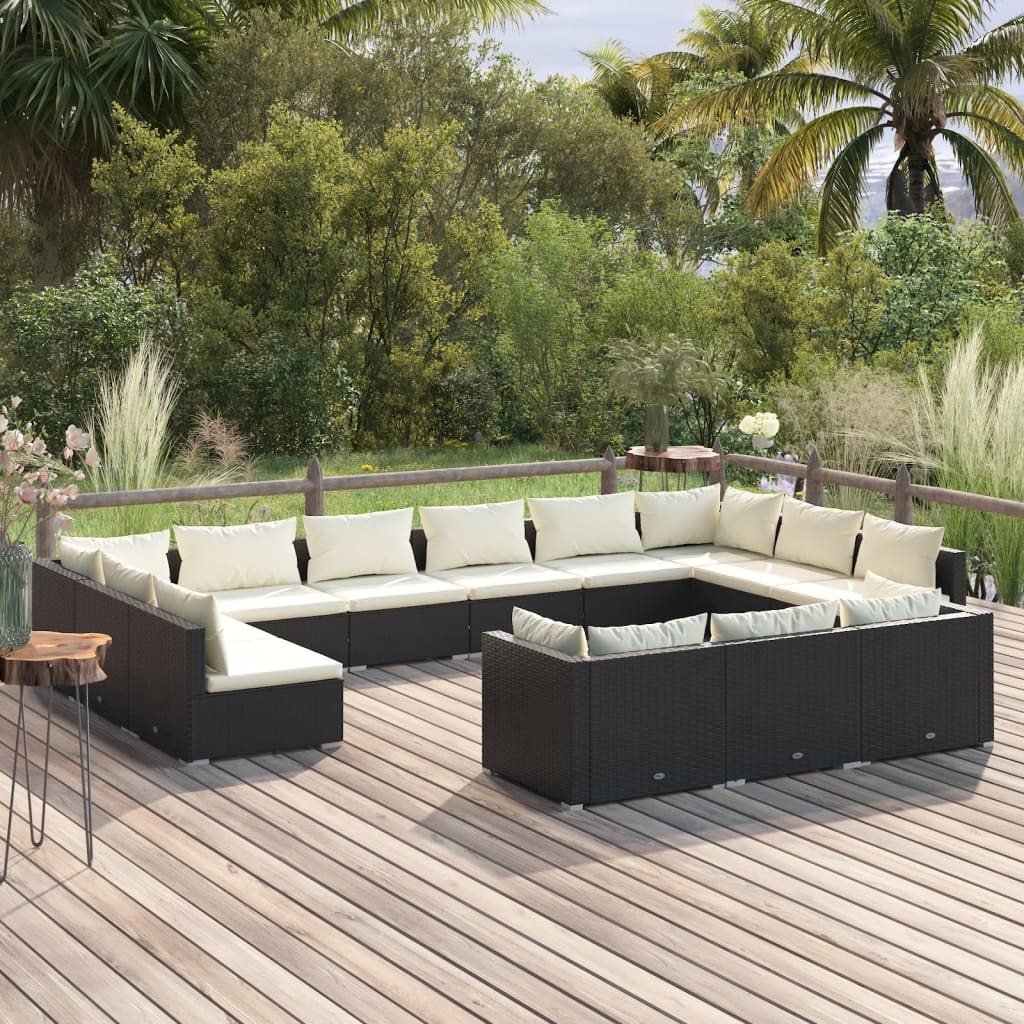 13-delige Loungeset met kussens poly rattan zwart – afbeelding 1