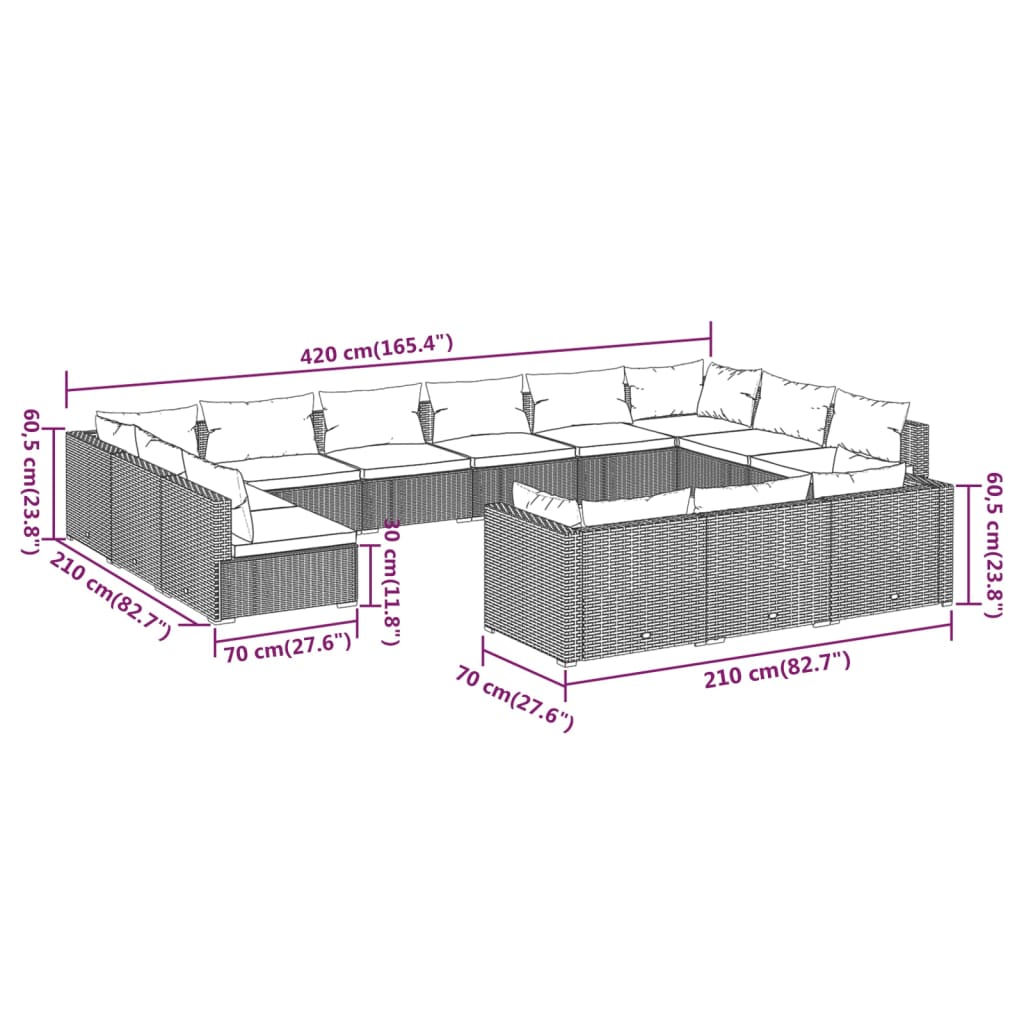 13-delige Loungeset met kussens poly rattan zwart – afbeelding 7