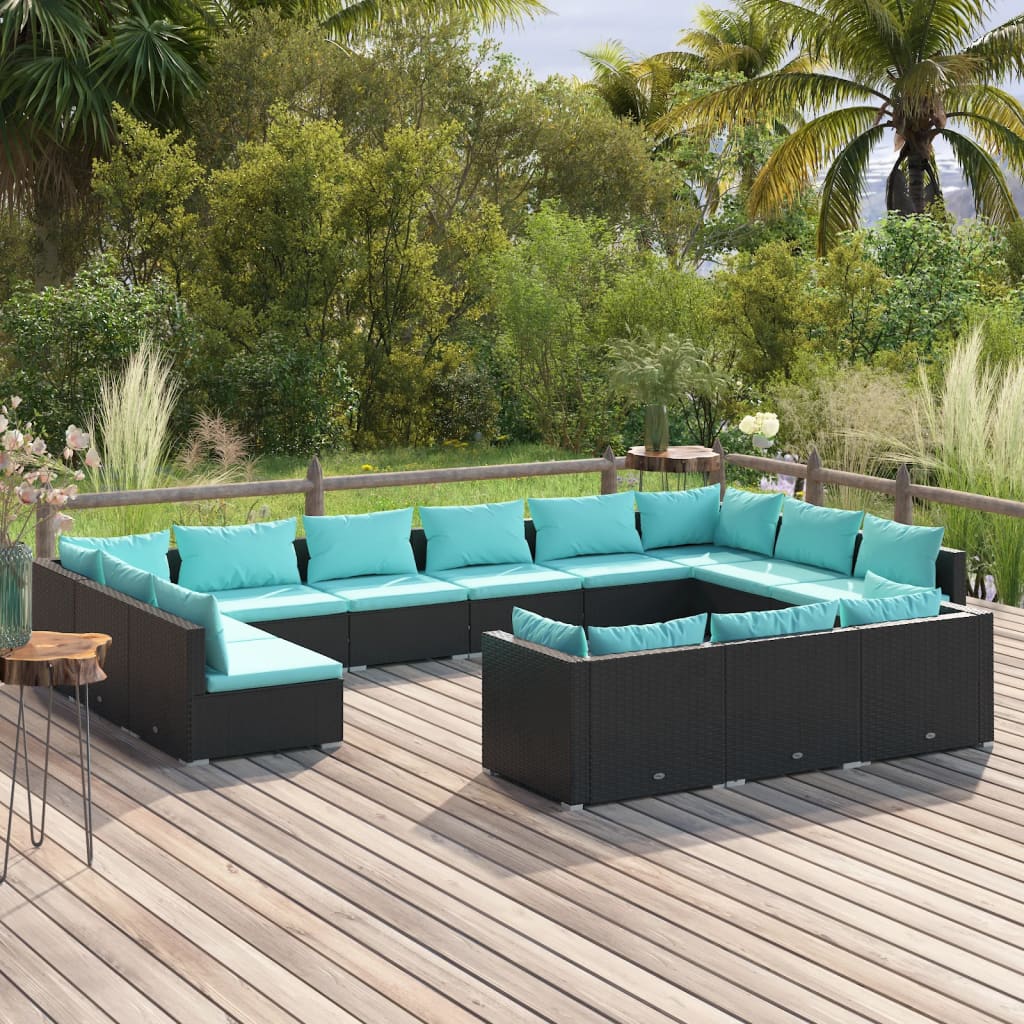 13-delige Loungeset met kussens poly rattan zwart