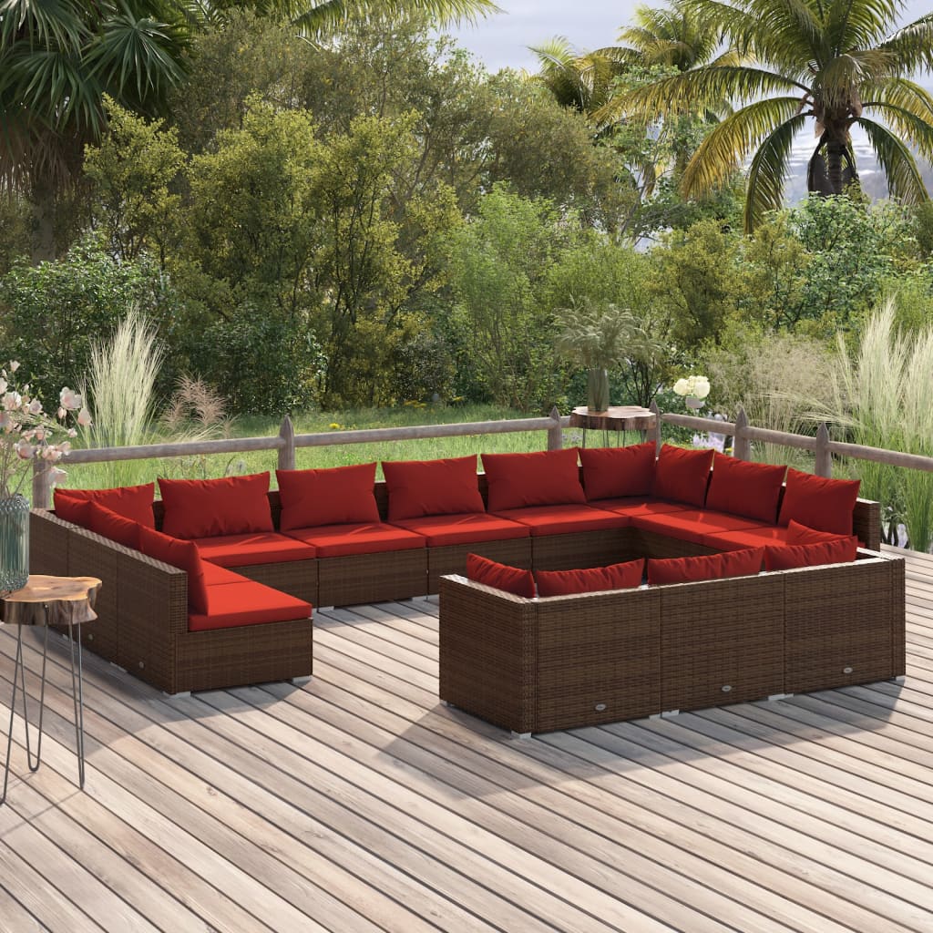 13-delige Loungeset met kussens poly rattan bruin