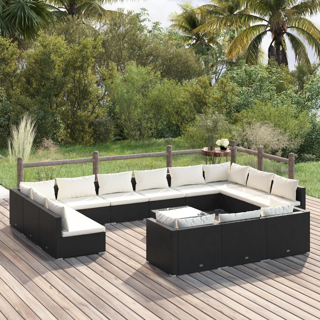 14-delige Loungeset met kussens poly rattan zwart – afbeelding 1