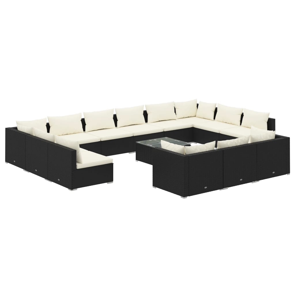 14-delige Loungeset met kussens poly rattan zwart – afbeelding 2