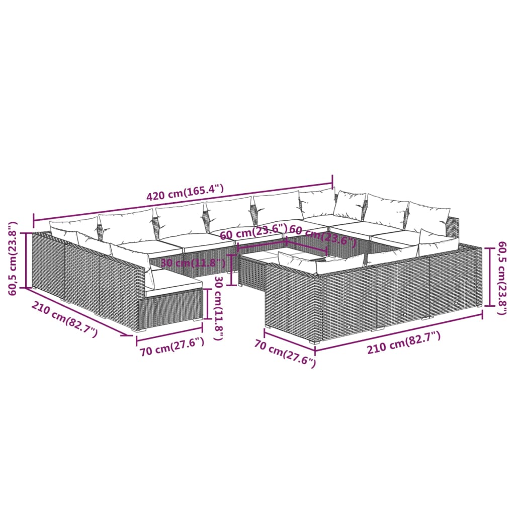 14-delige Loungeset met kussens poly rattan zwart – afbeelding 9