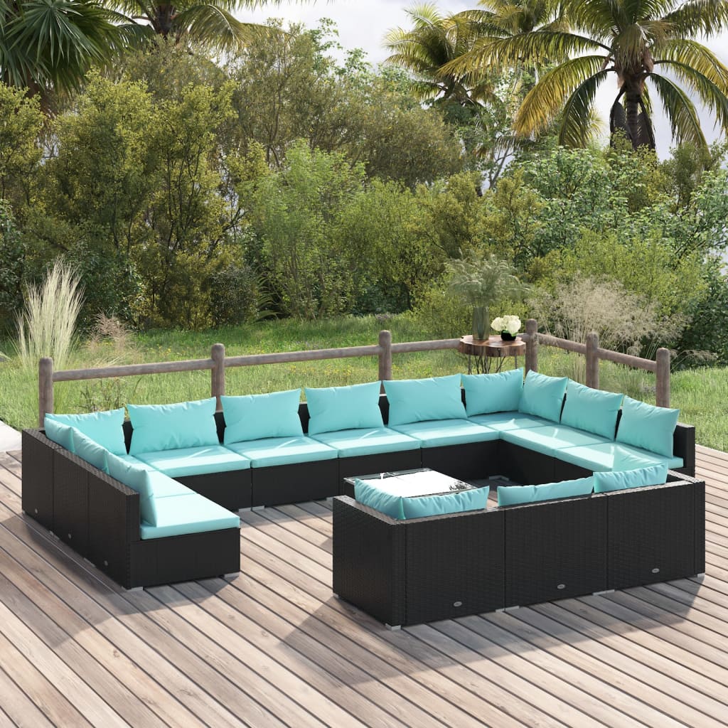 14-delige Loungeset met kussens poly rattan zwart