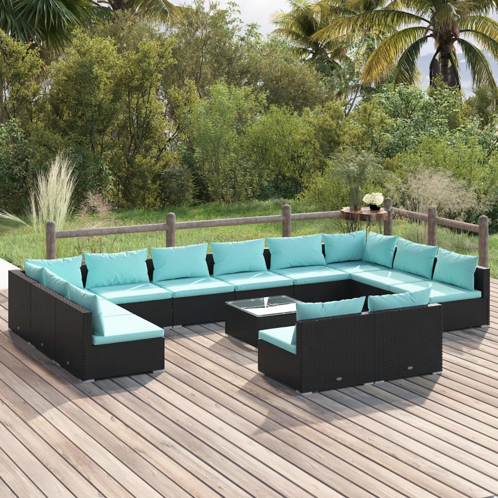 13-delige Loungeset met kussens poly rattan zwart