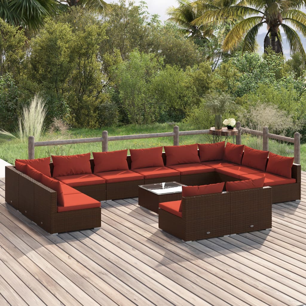 13-delige Loungeset met kussens poly rattan bruin