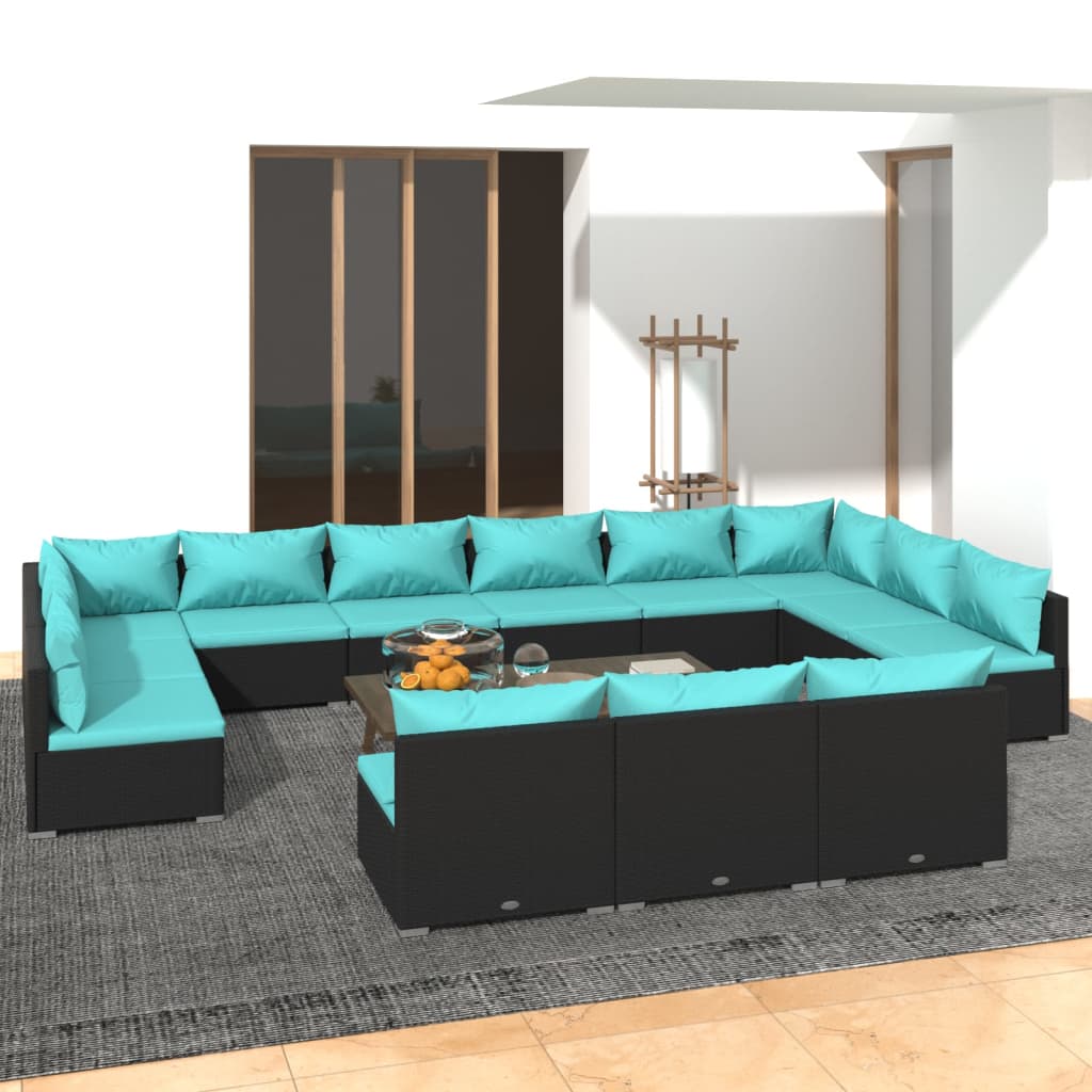 13-delige Loungeset met kussens poly rattan zwart