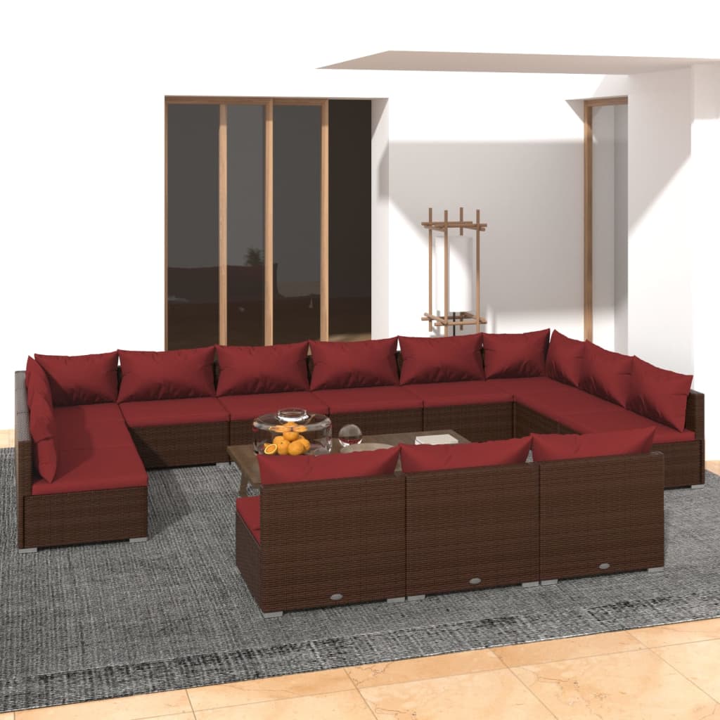 13-delige Loungeset met kussens poly rattan bruin