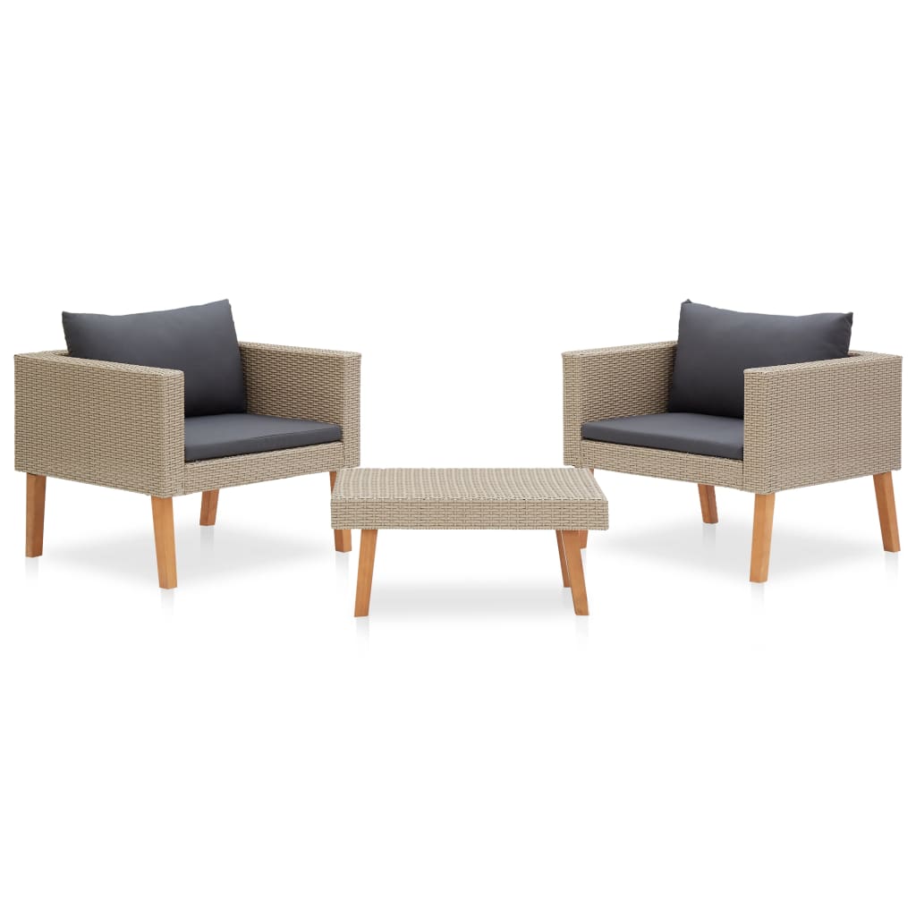 3-delige Loungeset met kussens poly rattan beige – afbeelding 1
