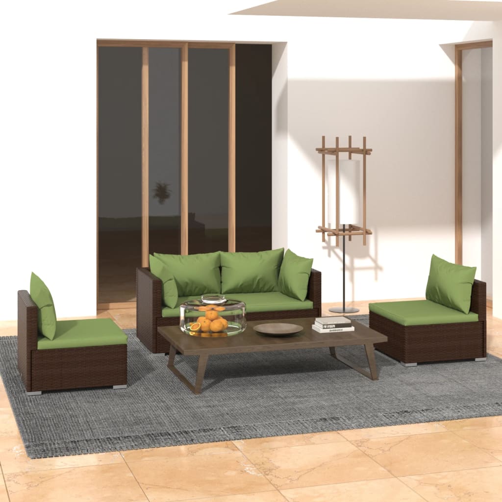 4-delige Loungeset met kussens poly rattan bruin