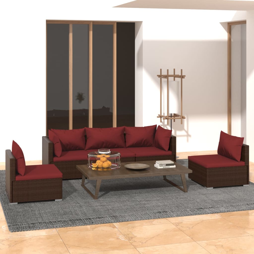 5-delige Loungeset met kussens poly rattan bruin