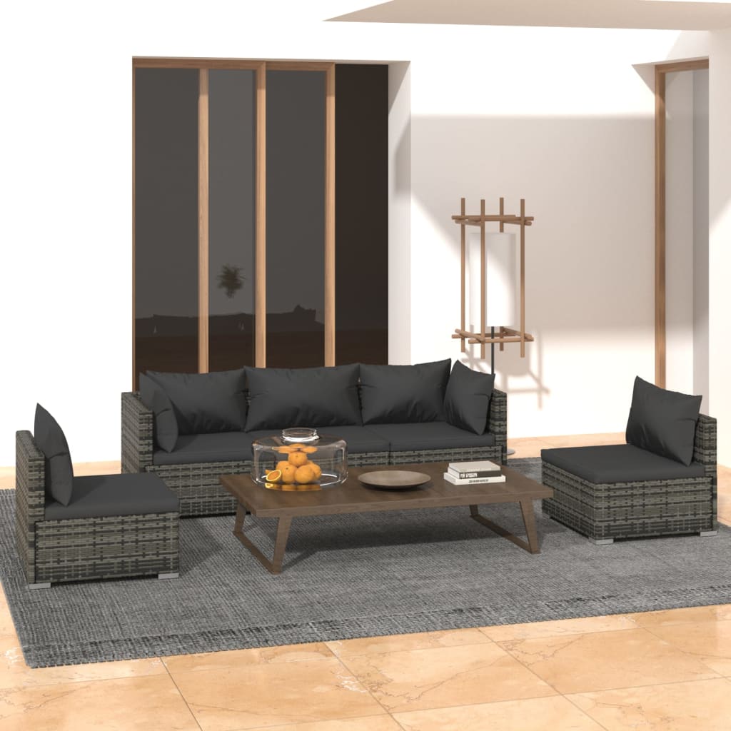 5-delige Loungeset met kussens poly rattan grijs – afbeelding 1
