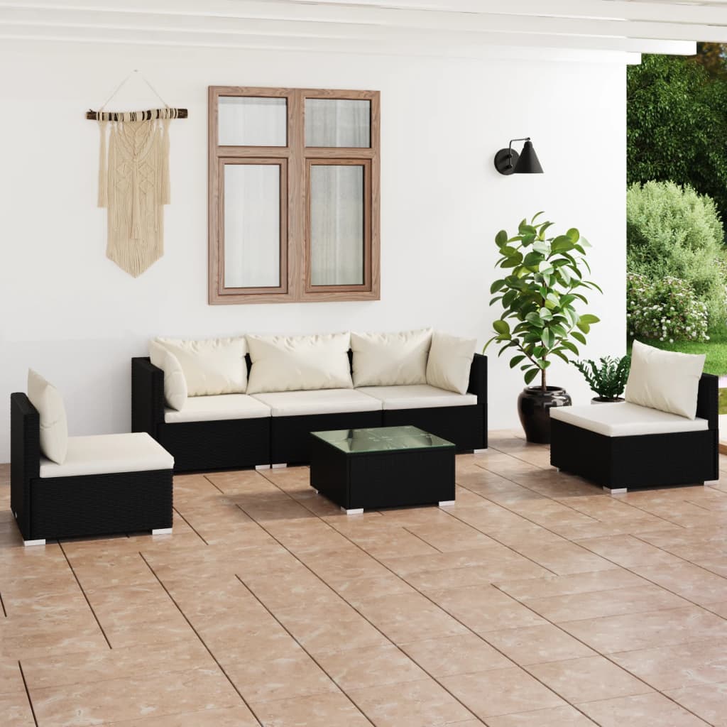 6-delige Loungeset met kussens poly rattan zwart – afbeelding 1