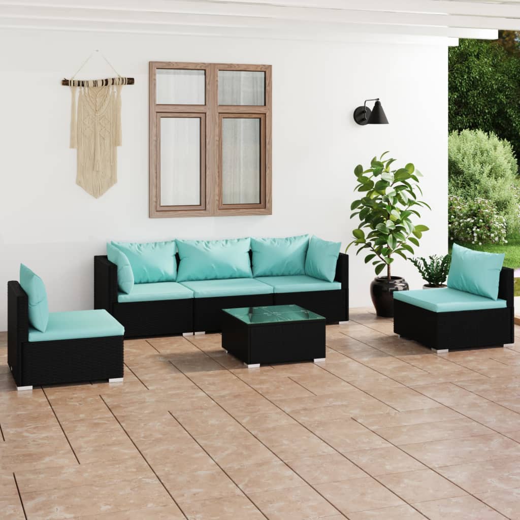 6-delige Loungeset met kussens poly rattan zwart – afbeelding 1